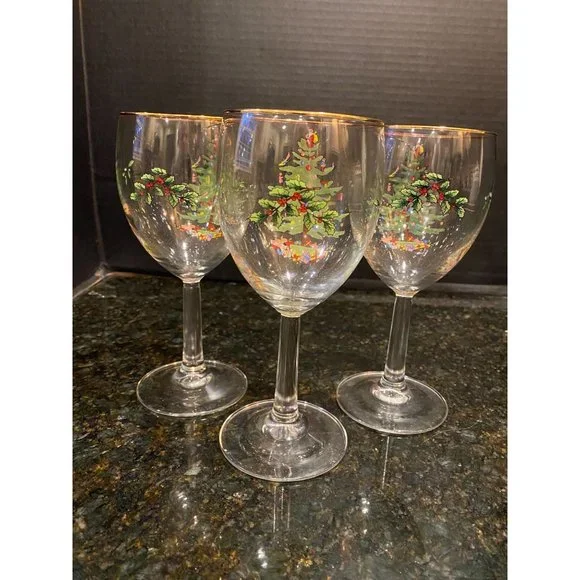 Spode | Dining | Spode 7 Inch Christmas Tree Wine Glasses Gold Rimmed Qty 3  | Poshmark